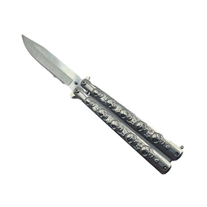 Briceag Fluture cu Tais, Sistem Prindere Curea, Din Otel, Model Cap de Mort Argintiu, 23 cm, Dalimag