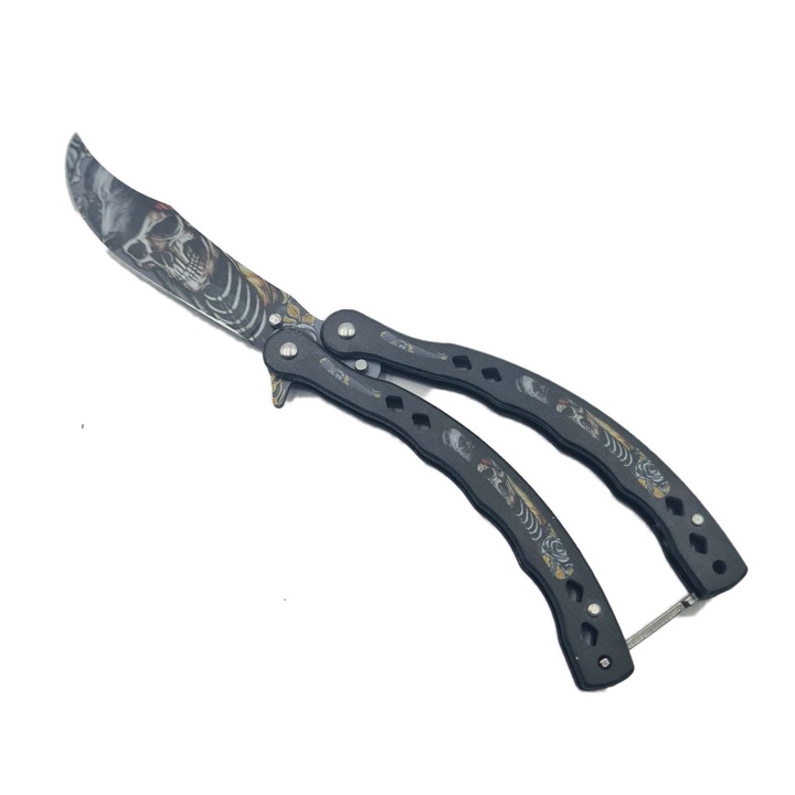 Briceag Fluture cu Tais, Curbat, Din Otel, Model Cranii, Negru, 23 cm, Dalimag