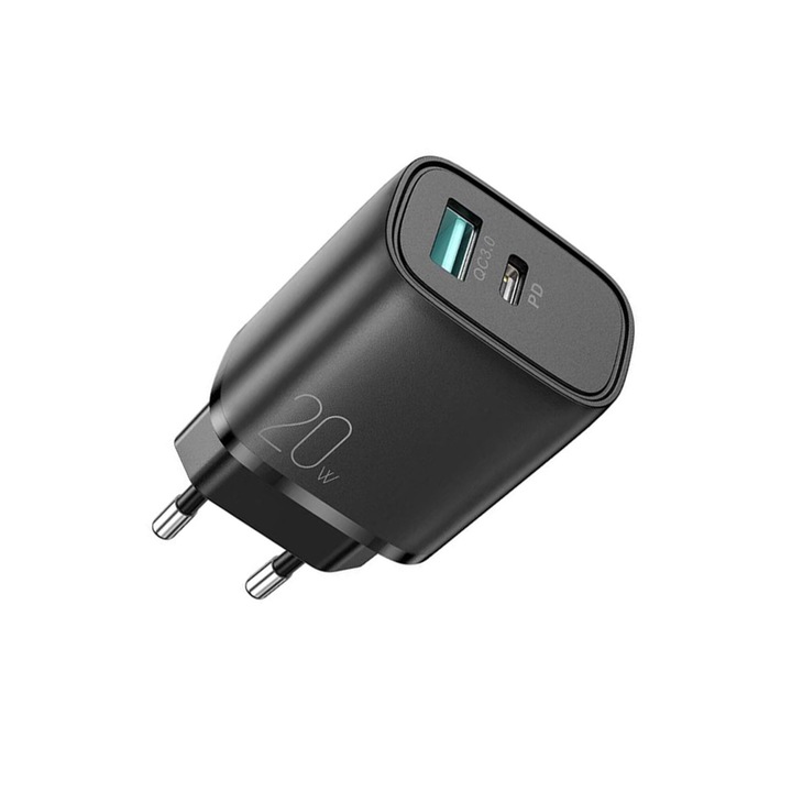 JoyRoom L-QP2011 USB-A - USB-C 20 W-os gyorstöltő tápadapter USB-C-USB-C kábellel, fekete