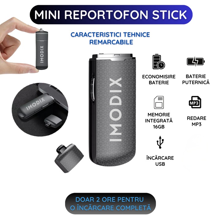 Reportofon Spion Sub Forma De Stick De Memorie USB, IMODIX®, Memorie 16 GB, 192 Ore Inregistrare, MP3 Player, Q82, Negru