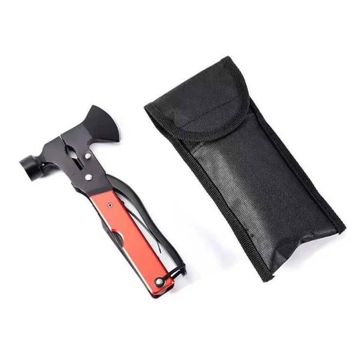 Többfunkciós kés 17 IN 1, rozsdamentes acél, tároló tokkal, korrózióálló, 17,8 cm, fekete-piros