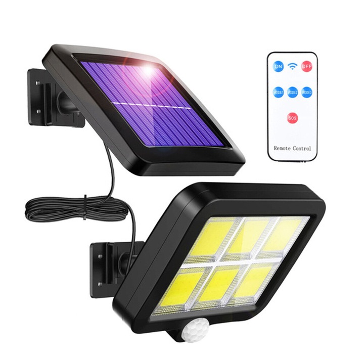 Lampa solara GREATON LED cu telecomanda, ajustabila, 120 LED-uri COB, senzor de miscare si lumina, baterie de 1200 mAh inclusa, 260 lumeni, cablu de 5 metri, rezistenta la apa, Negru