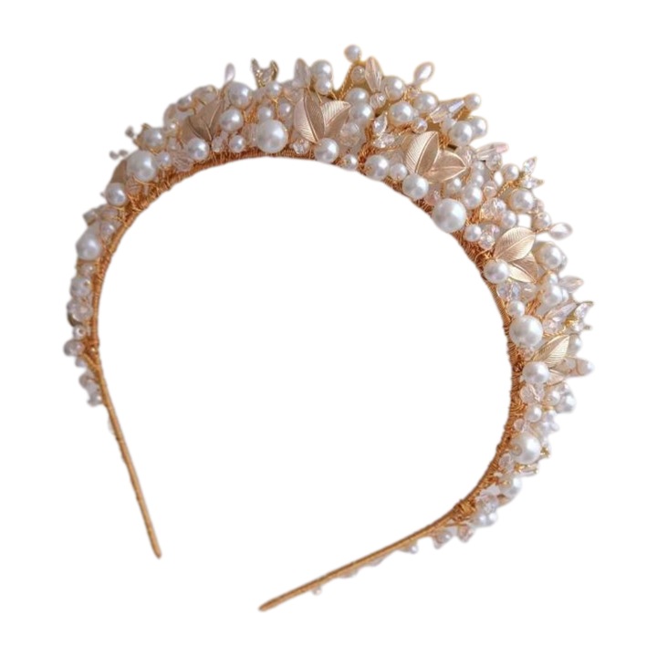 Coronita mireasa cu perle, placata cu aur si cu elemente Swarovski - Farrah