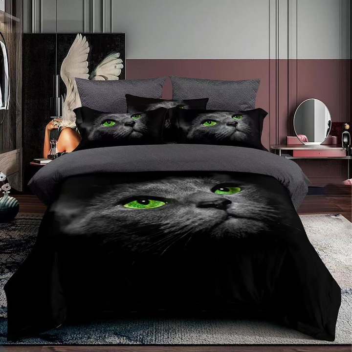 Set economic lenjerie pat o persoana Bumbac Finet 3 piese 3D, o perna matlasata 50x70 cm si pilota 140x210 cm primavara toamna (F1P18)