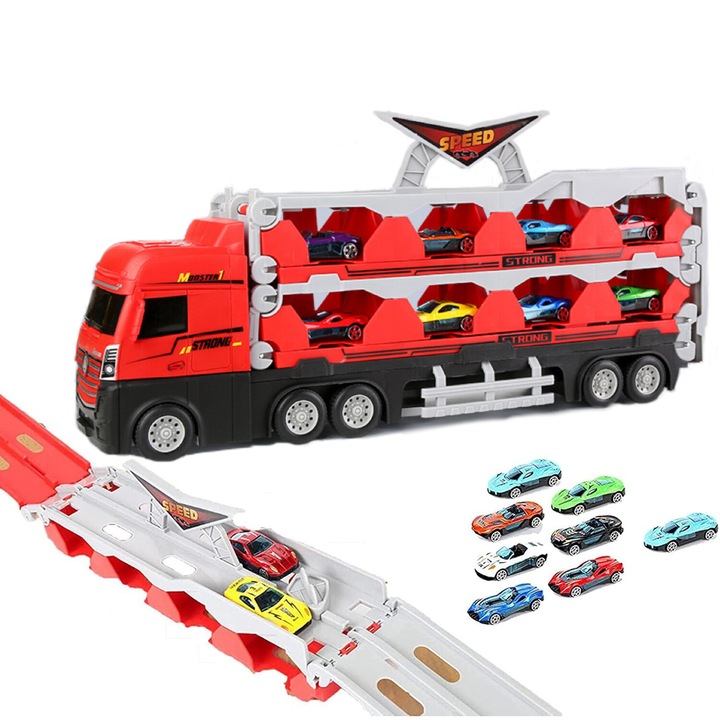 Set Camion Trailer de Jucarie pentru Transport Masinute de Curse, cu 8 Masinute Inclus, Catapultare Vehicule, Roartoy, Platforma si Pista de Curse, 455*220*110mm, Prelungire 2.07 m, Rosu