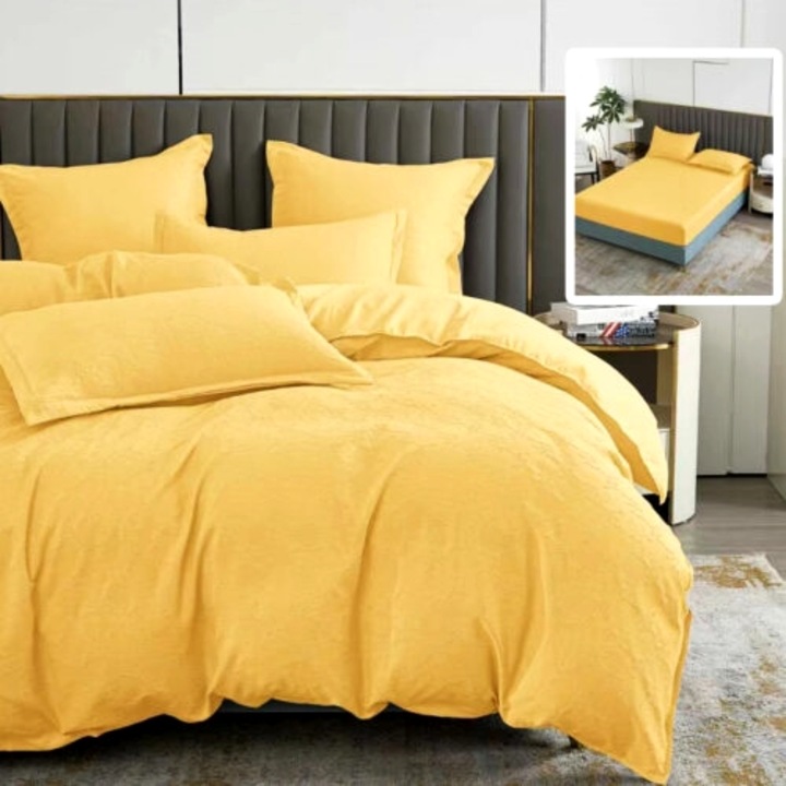 Lenjerie de pat Bumbac Satinat Natur Baroque, cearceaf cu elastic 160x200cm, 6 piese, pentru pat dublu, galbena, Ralex Pucioasa