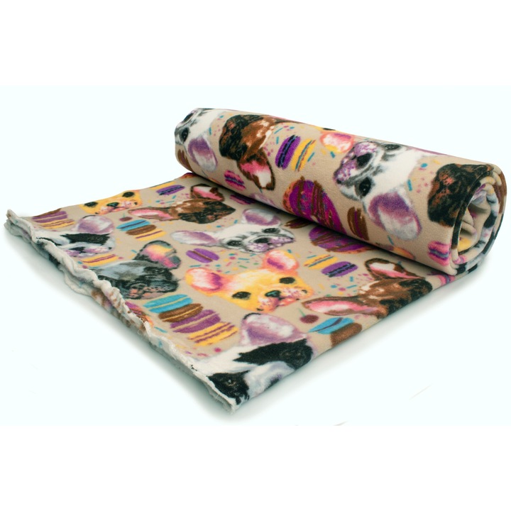 Tesatura fleece imprimata, 100% poliester, Bulldogs francezi pe fond roz, 50 cm x 160 cm