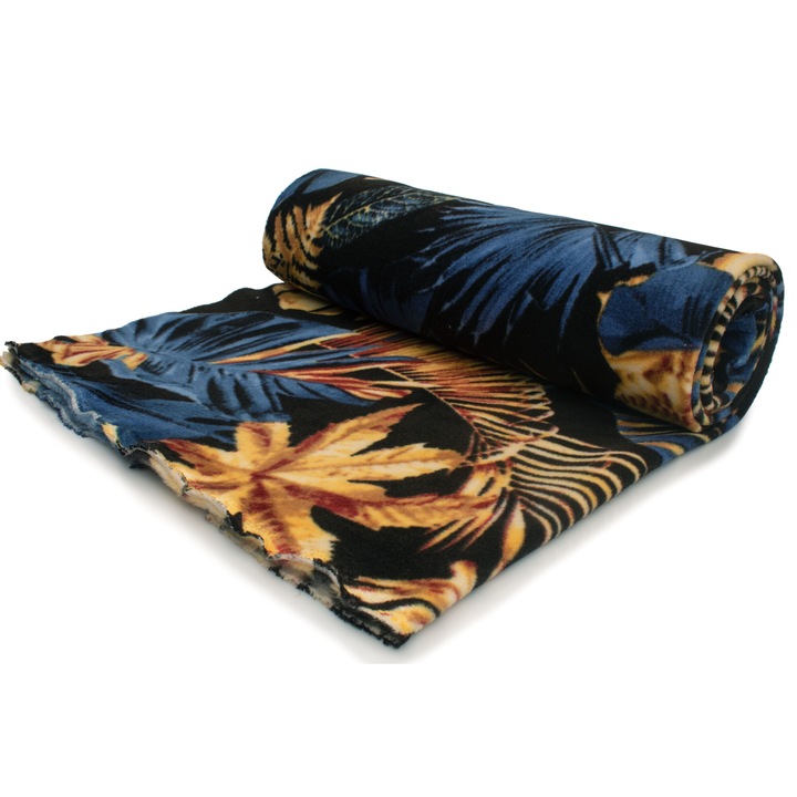 Tesatura fleece imprimata, 100% poliester, Monstera pe fond albastru, 50 cm x 160 cm