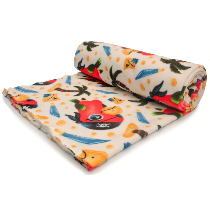 Tesatura fleece imprimata, 100% poliester, papagali rosii pe fundal alb, 50 cm x 160 cm