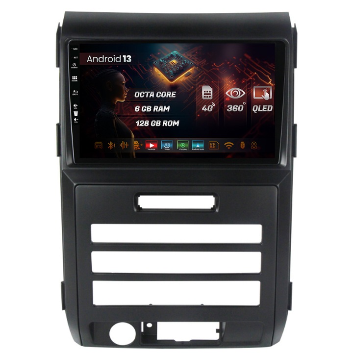Navigáció HUB64 Ford F150 (2008-2014), 6GB RAM, Android 13, Octacore, SIM foglalat 4G, DSP, GPS, Wi-Fi, Carplay, Android Auto, USB, Bluetooth, Waze, Érintőképernyő, 9 hüvelyk v2