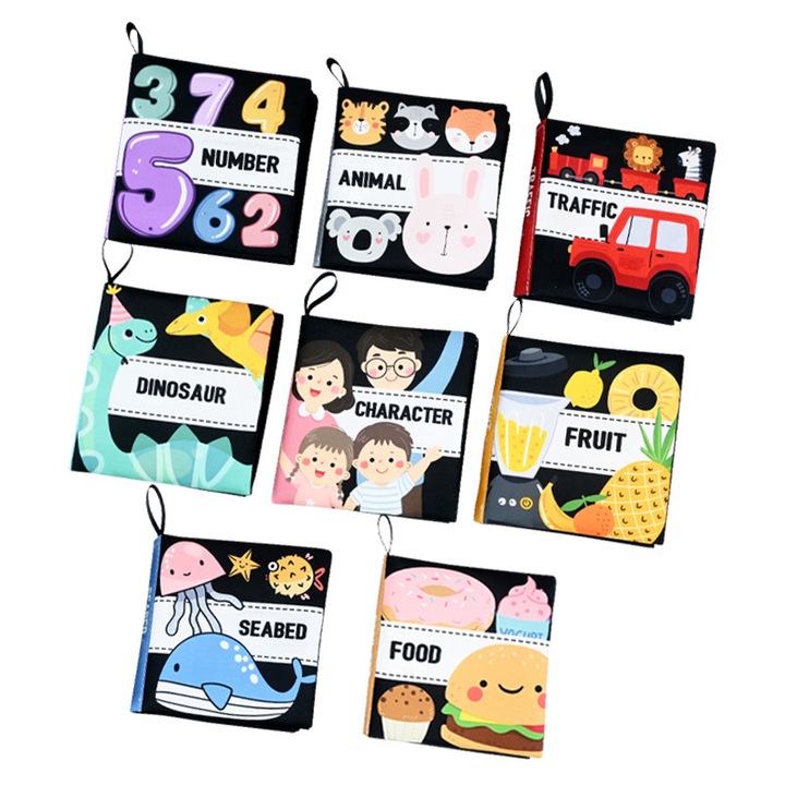 Set de 8 Carte senzoriala educativa moale, material textil, carti senzoriale textile pentru bebelusi, animale, numere, fructe, multicolor