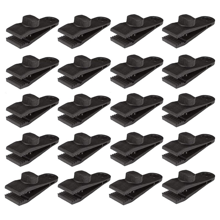 Комплект 20 щипки за палатка, многофункционални, пластмасови, за закрепване на брезент/палатка, 8, 3x2, 7 см, Еnkourakoko, Черен