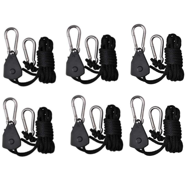 Set 6 franghii cu clichet si carlige, pentru obiecte suspendate, Nylon/metal, sarcina maxima 60 kg, lungime franghie 2 m, reglabil, enkourakoko®, Negru