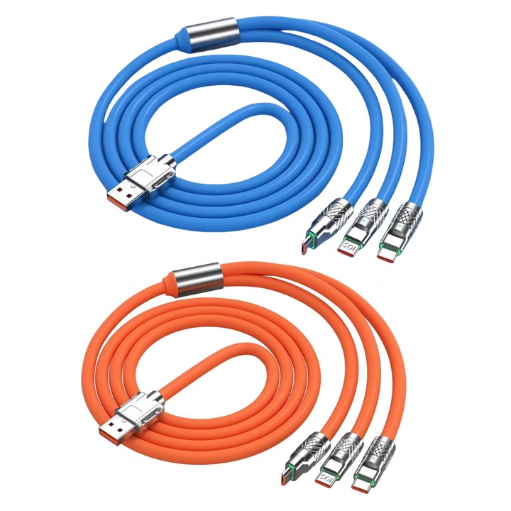 Комплект от 2 кабела за данни и за бързо зареждане, дължина 1,2 м, 3 в 1, съвместим с iPhone, Samsung, Huawei, повишена устойчивост на многократно огъване, enkourakoko®, оранжево/синьо