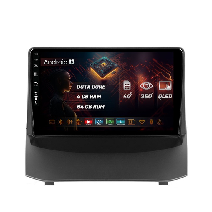 Navigáció HUB64 Ford Fiesta (2009-2018), 4GB RAM, Android 13, Octacore, 4G Sim slot, DSP, GPS, Wi-FI, Carplay, Android Auto, USB, Bluetooth, Waze, érintőképernyő, 9 hüvelyk, 9 hüvelykes