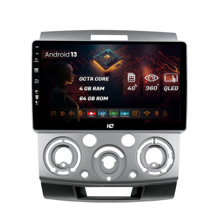 Navigáció HUB64 Ford Ranger, Mazda BT50 (2007-2012), 4GB RAM, Android 13, Octacore, 4G Sim slot, DSP, GPS, Wi-FI, Carplay, Android Auto, USB, Bluetooth, Waze, érintőképernyő, 9 hüvelyk, 9 hüvelykes