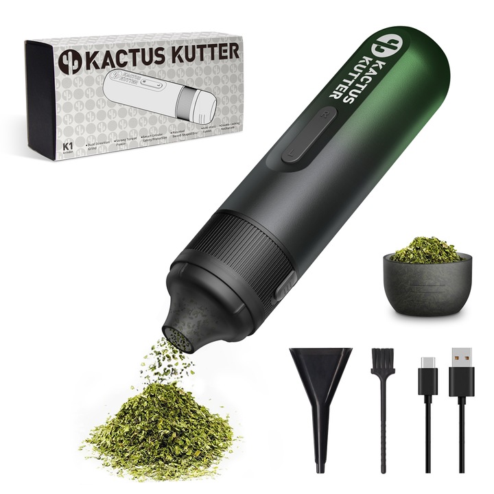 Macinator electric de ierburi KactusKutter K1, capacitate 1g, culoare smarald inchis, reincarcabil
