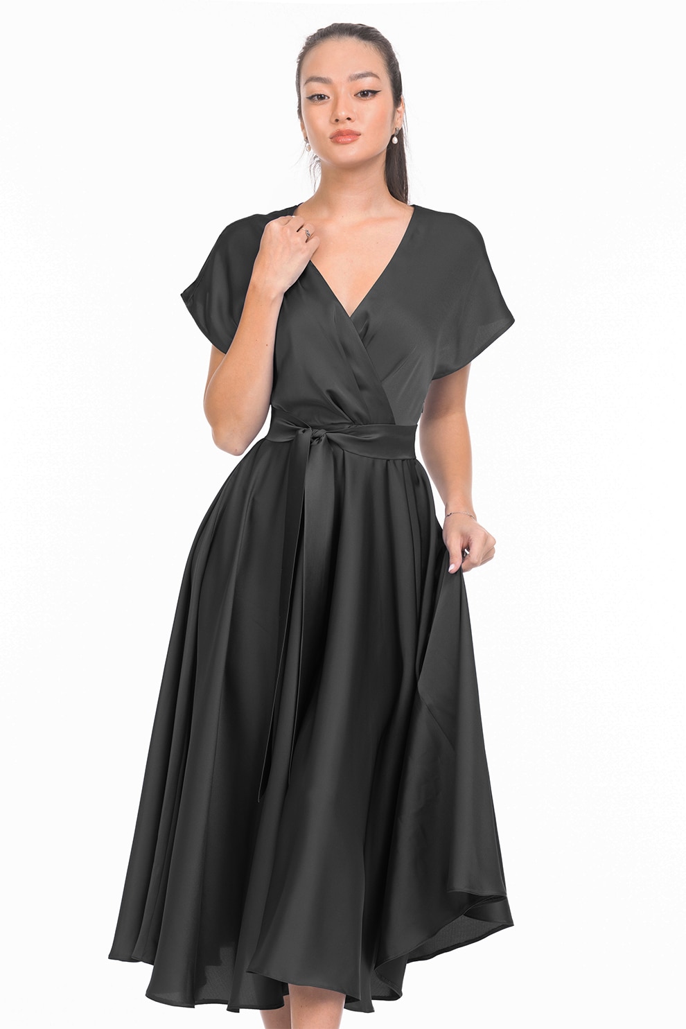 CAMISSI, Rochie midi evazata cu aspect satinat, Negru stins, L-XL