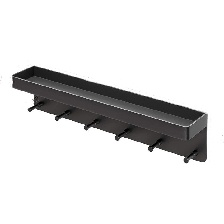 Suport chei Cozevdnt, 6 carlige, metal, negru, cu raft, montare pe perete