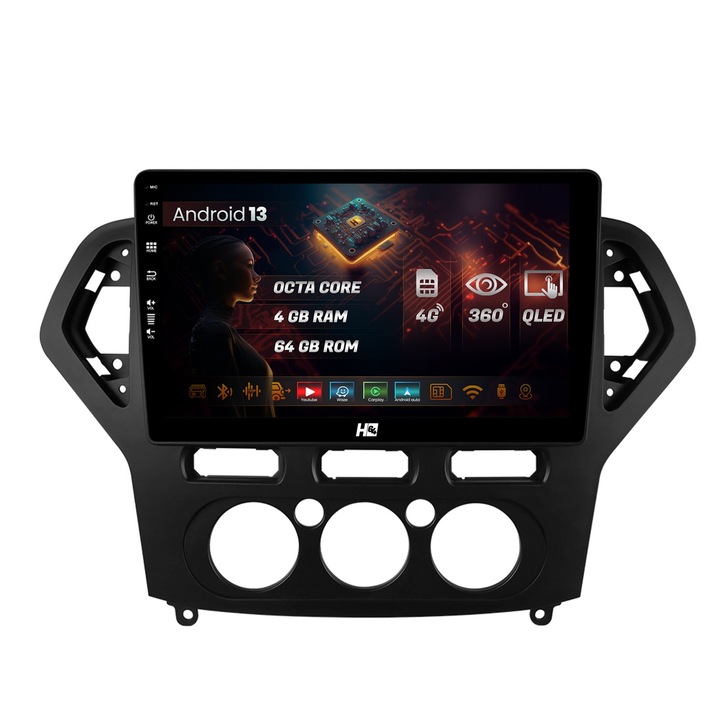 Navigáció HUB64 Ford Mondeo (2007-2010) Manuális klíma, 4GB RAM, Android 13, Octacore, 4G Sim slot, DSP, GPS, Wi-FI, Carplay, Android Auto, USB, Bluetooth, Waze, érintőképernyő, 9 hüvelyk, 9 hüvelyk