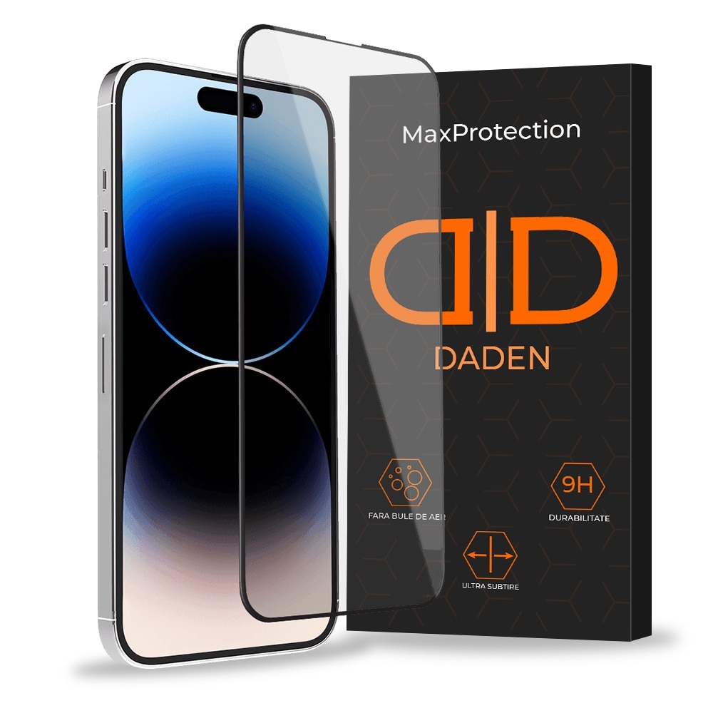 Folie Sticla pentru iPhone 16 Daden MaxProtection, Full Cover, Protectie Profesionala, Ultra Rezistenta, Calitate Premium, Margini negre