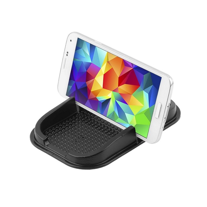 Suport adeziv universal pentru bordul masinii, Covoras auto antiderapant pentru telefon, negru silicon, 15 x 10 cm