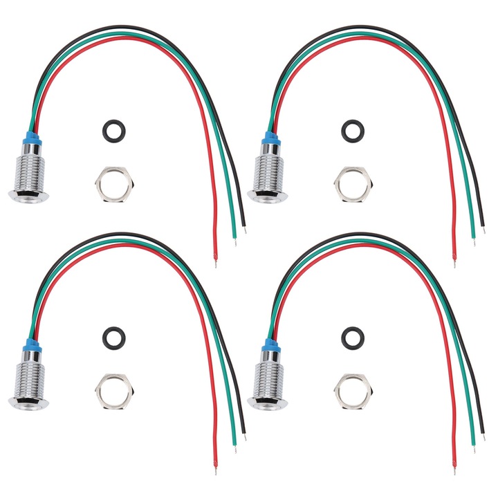 4 készlet előre bekábelezett kerek LED-ek, vízálló fém két színű jelzőfény, közös katód, 10 mm, 12-24 V (piros és zöld)