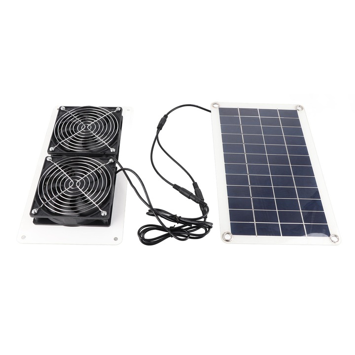 Kit ventilator solar portabil Bizaical 10W 18V, impermeabil, 31x19cm, pentru sere si case pentru animale