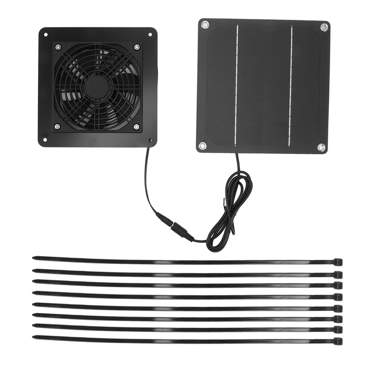 Kit ventilator cu panou solar 10W, dimensiune panou 18.5x18.5cm, dimensiune ventilator 12x12cm, cablu 150cm