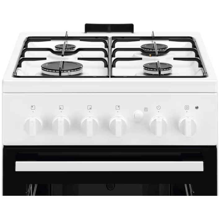 Aragaz Electrolux LKG504012W, Gaz, 4 arzatoare, Aprindere integrata plita si cuptor, Siguranta plita si cuptor, Autocuratare catalitica, Grill electric, Rotisor, 50 cm, Alb