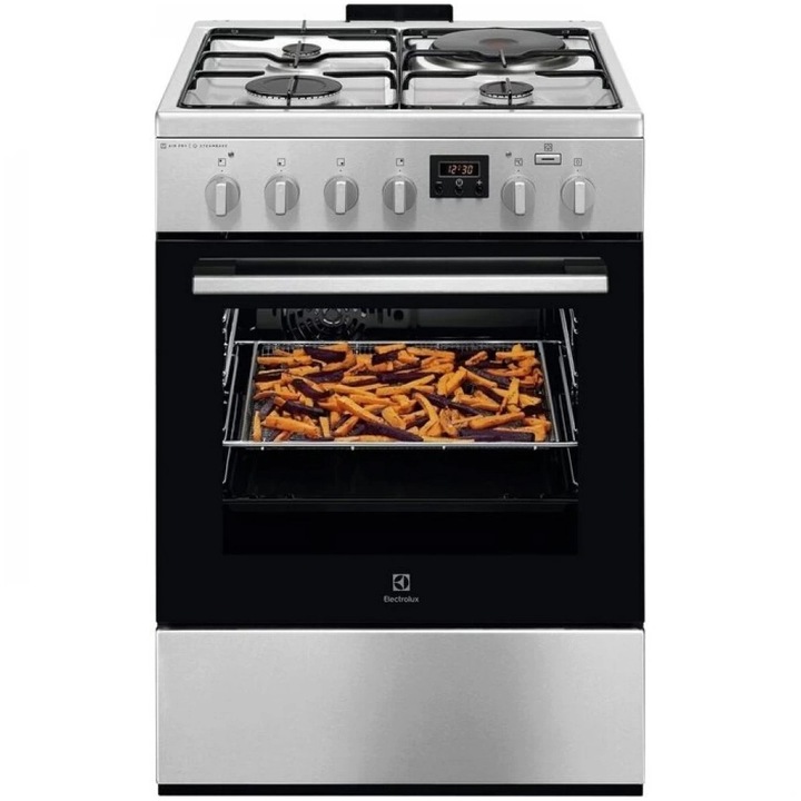 Готварска печка Electrolux LKM660222X, Смесен, 3 горелки/1 зона за готвене, Електрическа фурна, SteamBake, AirFry, Таймер, Electric grill, Клас A, 60 см, Неръждаема стомана против пръстови отпечатъци