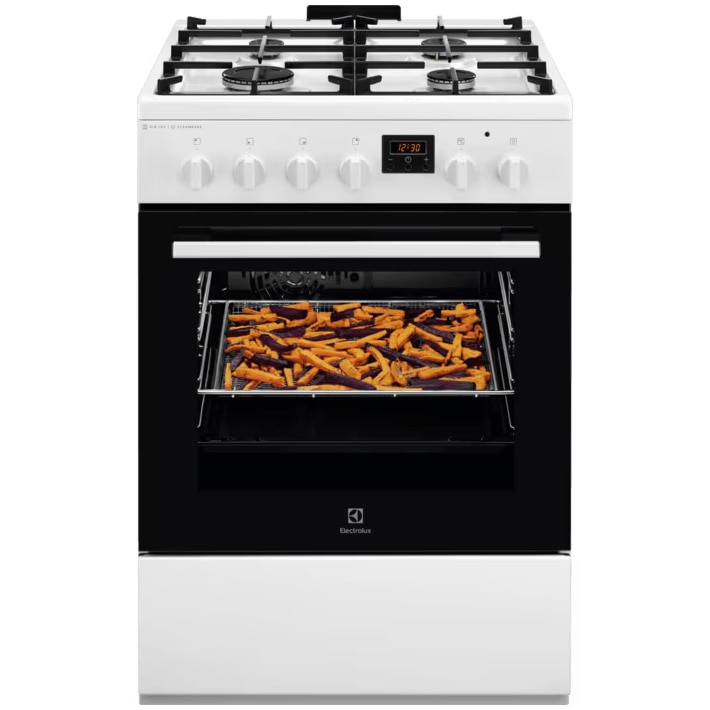Aragaz Electrolux LKK660220W, Mixt, 4 arzatoare , Siguranta plita, Aprindere integrata, Cuptor electric, Plus Steam, AirFry, Timer, Grill electric, Clasa A, 60 cm, Alb