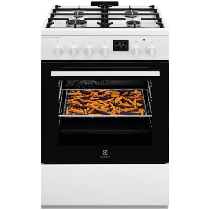 Electrolux tűzhely LKK660220W, Vegyes, 4 égős, Biztonsági lap, Integrált gyújtás, Elektromos sütő, Plusz Steam, AirFry, Időzítő, Elektromos grill, A osztály, 60 cm, Fehér