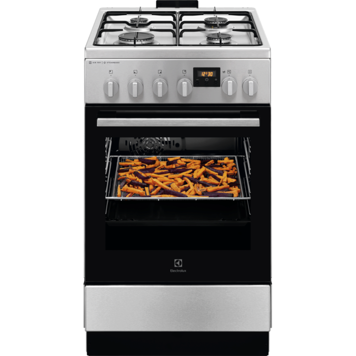 Aragaz Electrolux LKK564221X, Mixt, 4 arzatoare, Cuptor electric, Autocuratare catalitica, SteamBake, AirFry, Timer, Grill electric, Clasa A, 50 cm, Inox