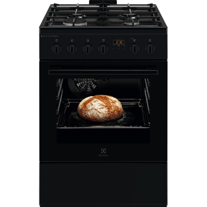 Готварска печка Electrolux LKK660220K, Смесен, 4 горелки, Предпазен плот, Вградено запалване, Електрическа фурна, Plus Steam, AirFry, Таймер, Електрически грил, Клас А, 60 см, Черен
