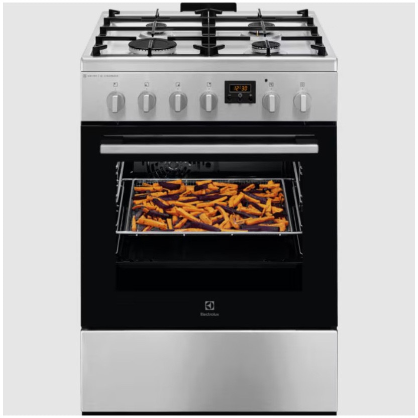 Aragaz Electrolux LKK660220X, Mixt, 4 arzatoare , Siguranta plita, Aprindere integrata, Cuptor electric, Plus Steam, AirFry, Timer, Grill electric, Clasa A, 60 cm, Inox