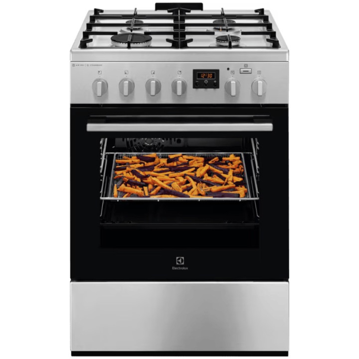 Готварска печка Electrolux LKK660220X, Комбинирана, 4 горелки, Предпазна плоча, Вградено запалване, Електрическа фурна, Plus Steam, AirFry, Таймер, Електрически грил, Клас А, 60 см, Неръждаема стомана
