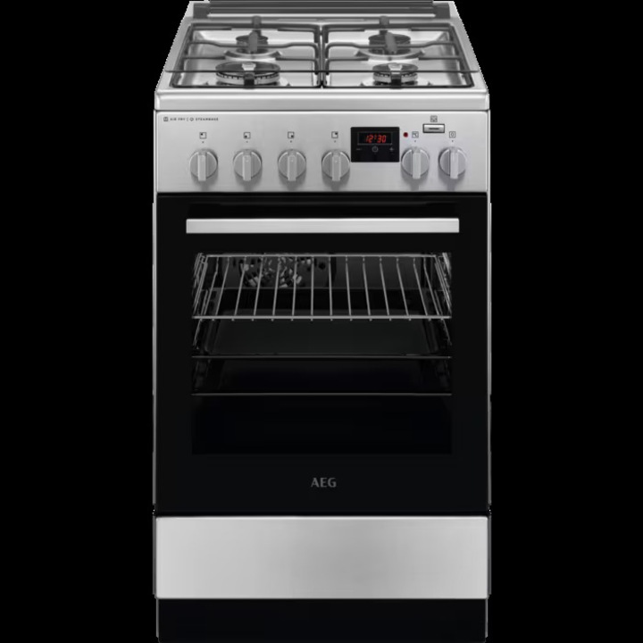 Aragaz AEG CKB56490BW, Mixt, 4 arzatoare , Siguranta plita, Aprindere integrata, Gratare fonta, Cuptor electric, SteamBake, AirFry, Timer, Grill electric, Clasa A, 50 cm, Alb
