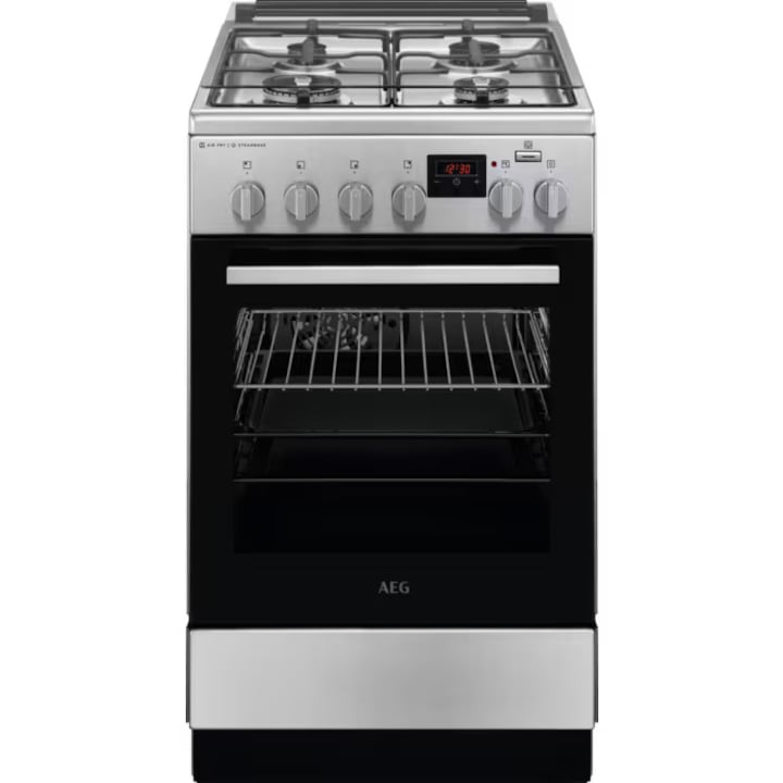 Готварска печка AEG CKB56490BM, Комбинирана, 4 горелки, Предпазна плоча, Вградено запалване, Чугунен грил, Електрическа фурна, SteamBake, AirFry, Таймер, Електрически грил, Клас А, 50 см, Inox