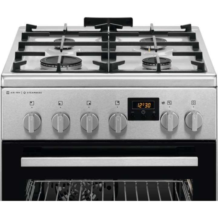 Готварска печка AEG CKB56490BM, Комбинирана, 4 горелки, Предпазна плоча, Вградено запалване, Чугунен грил, Електрическа фурна, SteamBake, AirFry, Таймер, Електрически грил, Клас А, 50 см, Inox