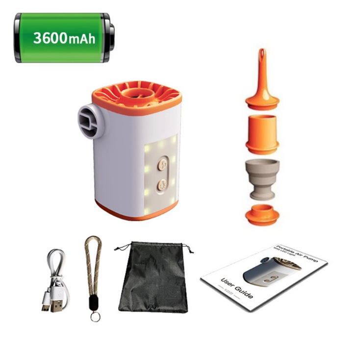 Pompa electrica portabila, Latauar, reincarcabila cu acumulator de 3600 mAh, cu lampa LED si functie powerbank de urgenta, pentru saltea gonflabila, barca, colace, cu 3 duze diferite