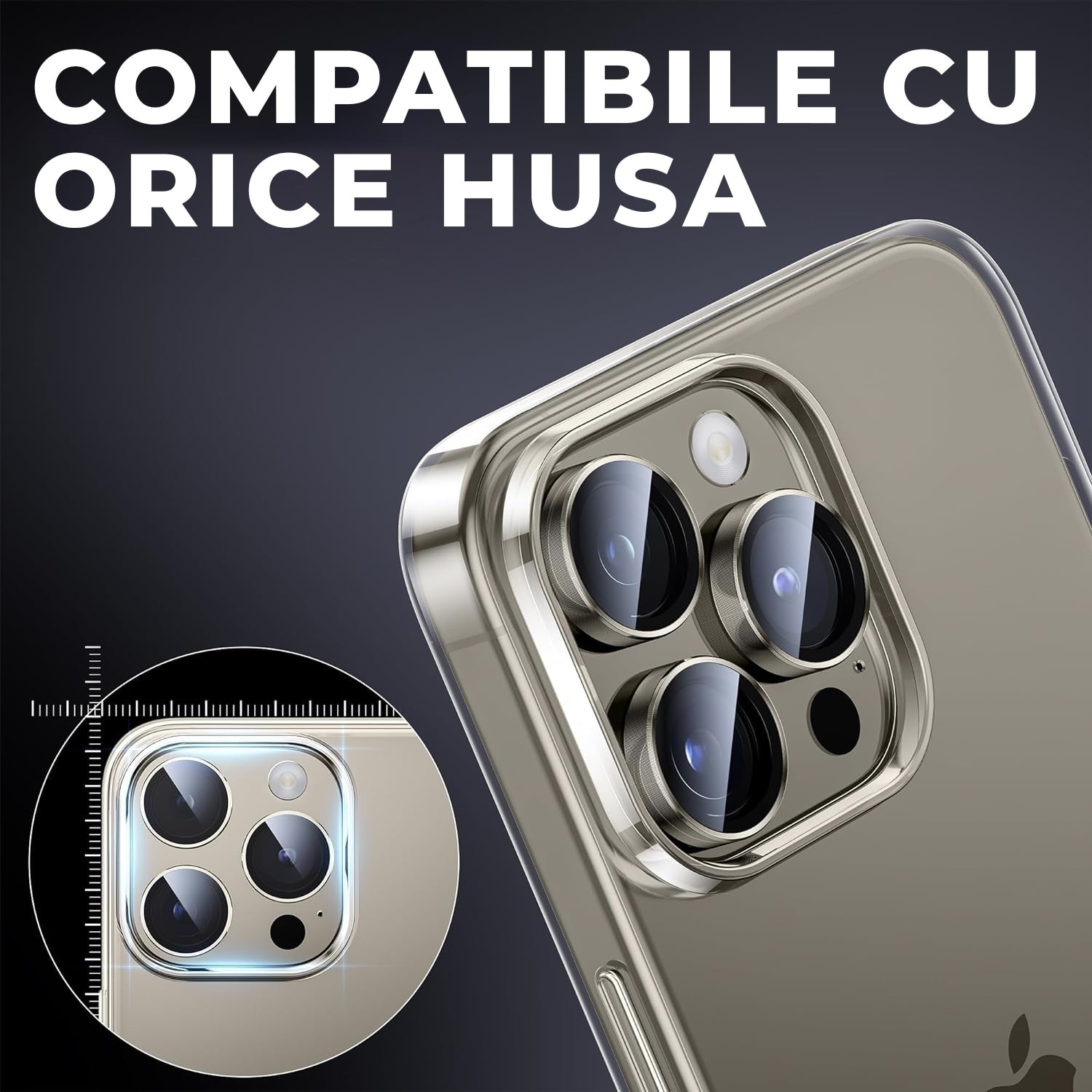 Folie Camera Daden din sticla pentru iPhone 16 Pro/ 16 Pro Max, Full Cover, Protectie Profesionala, Ultra Rezistenta, Calitate Premium, Natural Titanium