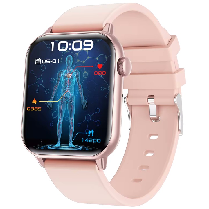 idealSTORE ZFit Smartwatch, AMOLED екран, Bluetooth повикване, гласов асистент, функция за SOS повикване, 100 спортни режима, наблюдение на здравето, интелигентно напомняне, IP67, силиконова гривна, розов цвят