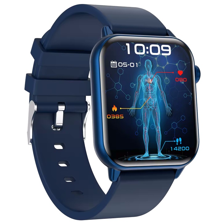 idealSTORE ZFit Smartwatch, AMOLED екран, Bluetooth повикване, Voice Assistant, SOS Call Function, 100 Sports Modes, Health Monitoring, Smart Reminder, IP67 Water Resistant, Answer Phone Calls, силиконова гривна, син цвят