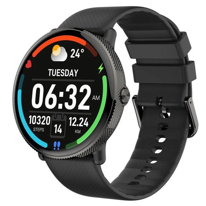 idealSTORE S24Watch Smartwatch, кръгъл AMOLED екран, Bluetooth повикване, наблюдение на сърдечната честота и здравето, мулти-спорт, монитор за сън, часовник с постоянен дисплей, черна силиконова гривна