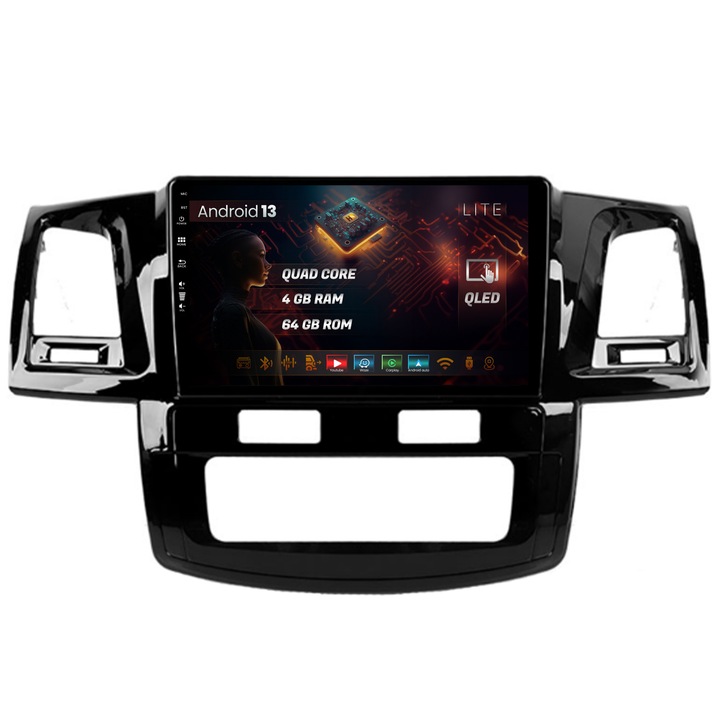Navigatie HUB64 Toyota Hilux (2008-2014), Clima Automata, 4GB RAM, Android 13, Quadcore, DSP, GPS, Wi-FI, Carplay, Android Auto, USB, Bluetooth, Waze, Touchscreen, 9 inch