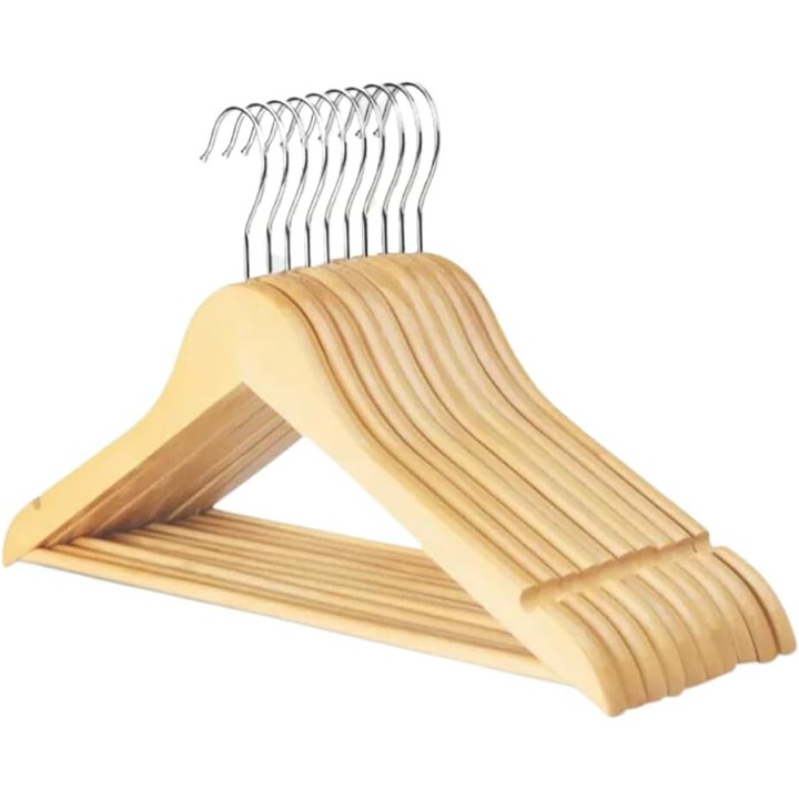Set 10 Umerase din Lemn, eBA®, Cu 2 crestaturi, Carlig rotativ 360 grad, Bara pentru pantaloni si design modern, Antiderapant, Lemn, Natur