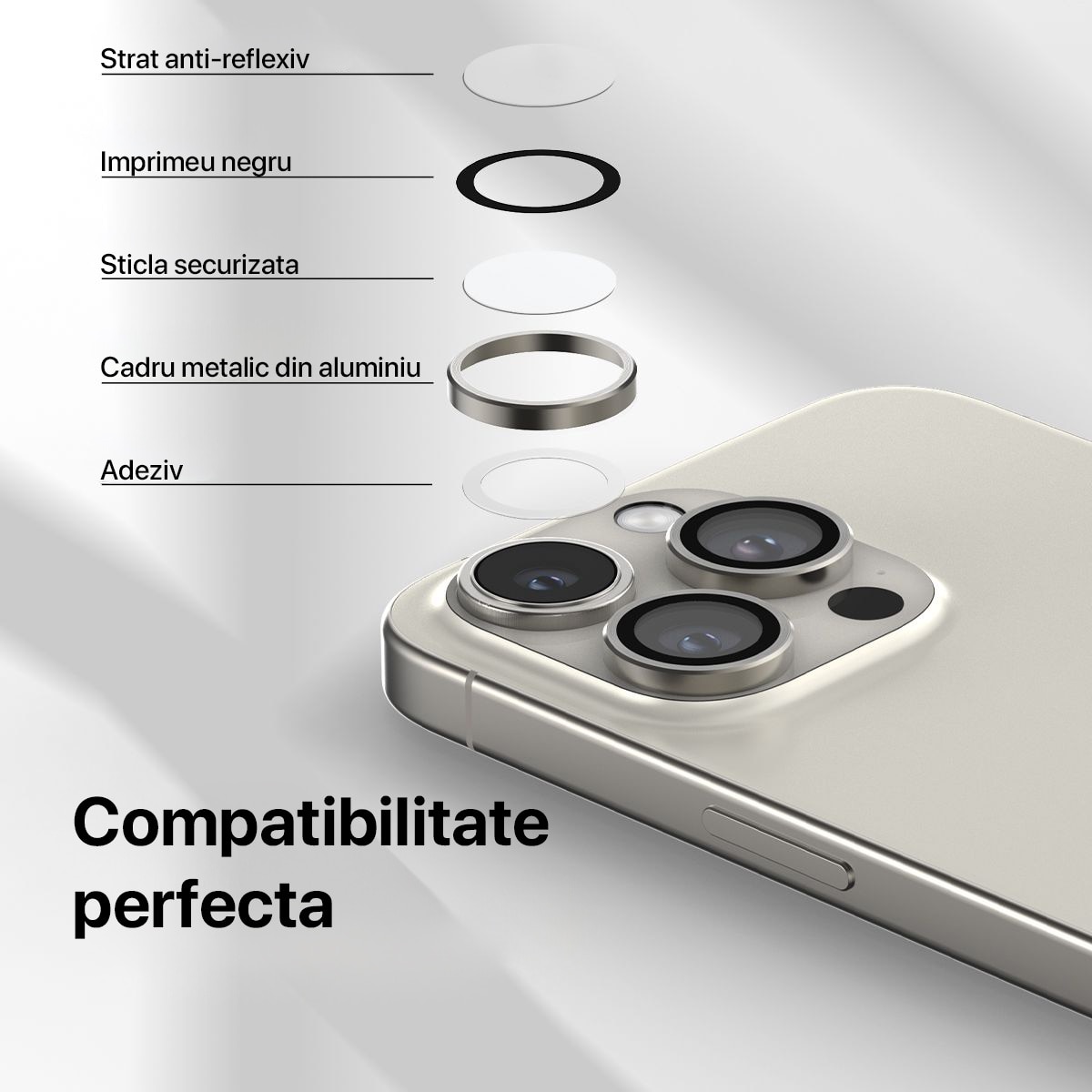 Folie Camera Daden din sticla pentru iPhone 16 Pro/ 16 Pro Max, Full Cover, Protectie Profesionala, Ultra Rezistenta, Calitate Premium, Desert Titanium