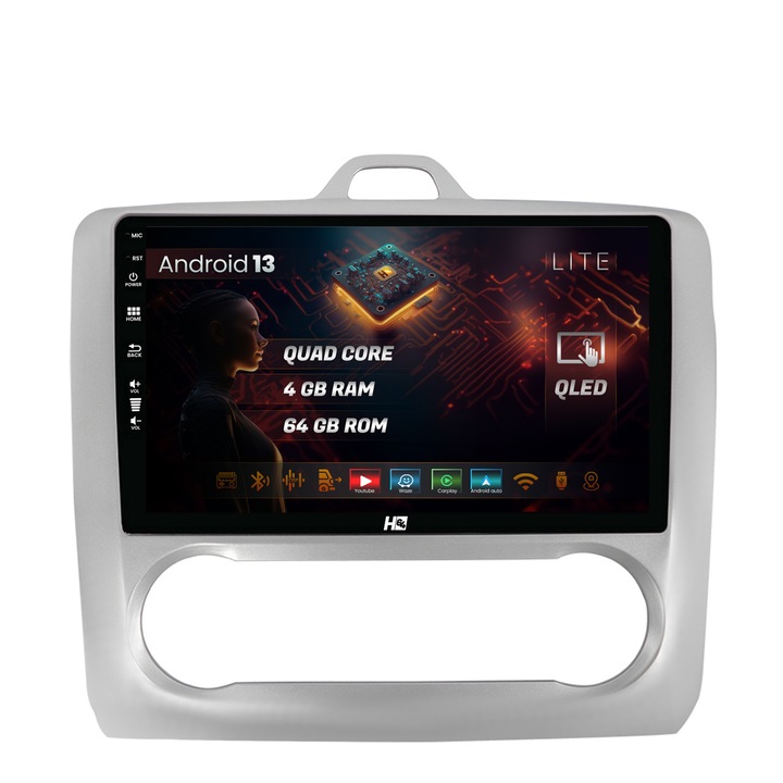 Navigatie HUB64 Ford Focus MK2 (2004-2011) Clima Automata, 4GB RAM, Android 13, Quadcore, DSP, GPS, Wi-FI, Carplay, Android Auto, USB, Bluetooth, Waze, Touchscreen, 9 inch