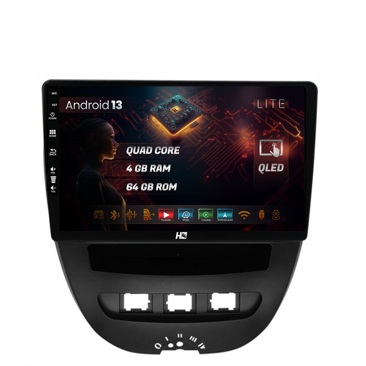 Navigatie HUB64 Toyota AYGO (2005-2014), 4GB RAM, Android 13, Quadcore, DSP, GPS, Wi-FI, Carplay, Android Auto, USB, Bluetooth, Waze, Touchscreen, 10.1 Inch